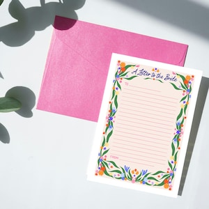 Tarjeta A6 con estampado floral y sobre ilustrado "Una carta a la novia"
