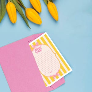 Carta ilustrada para a noiva, listra, laço, impressão, amarelo, cartão A6, com envelope