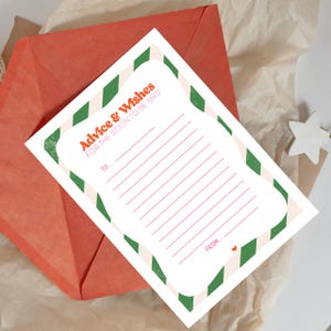 Tarjeta A6 con estampado de rayas y sobre con consejos ilustrados para la novia