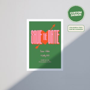Op maat geïllustreerde uitnodigingskaart met Save the Date-hartprint