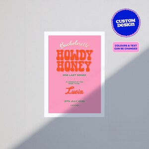 Personalizado ilustrado Cowgirl Howdy Honey Print Hen Do, cartaz de convite para festa de despedida de solteira