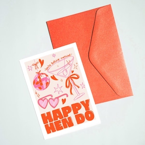 Carte de voeux rose illustrée personnalisée Happy Hen Do Print