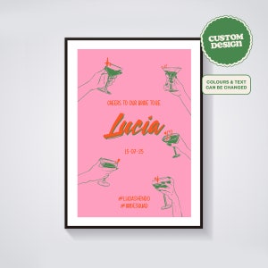 Personalizado ilustrado Cheers Drinks Print Hen Do, cartaz de convite para festa de despedida de solteira