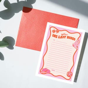 Tarjeta A6 con sobre, diseño ilustrado de vaquera, temática del oeste, carta a la novia, despedida de soltera, rosa, "Un último rodeo".