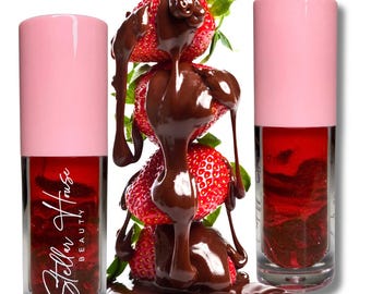 Bálsamo labial brillante de chocolate y fresa – Brillo marrón rojizo, natural, no pegajoso, hidratante, nutritivo, con sabor, pigmentado.