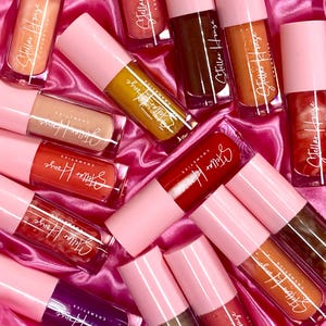 May include: An assortment of lip gloss tubes in various shades, including red, brown, and nude, are arranged on a pink satin surface. Each tube has a clear body and a pink cap, with the brand name "Stella House Cosmetics" printed on the front.