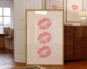 Pink Kiss Print Poster, Preppy Poster, Lip Print Poster, Digital Poster, Printable Poster, Coquette Aesthetic Poster, Vintage Aesthetic