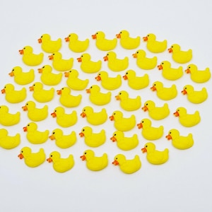 May include: A large group of yellow rubber duck toys arranged in a circle on a white background.