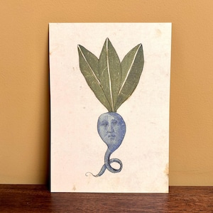 May include: A vintage illustration of a blue, anthropomorphic turnip with a human face and three green leaves on top. The turnip has a long, curled stem.