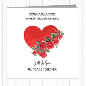 Carte personnalisée pour 40e anniversaire de mariage - Rubis - Coeur rouge avec roses