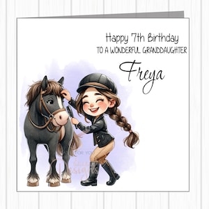 Carte d'anniversaire personnalisée - jolie fille poney - toilettage de cheval - fille, petite-fille, nièce, filleule, soeur, amie