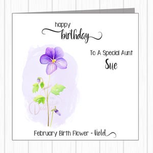Cartão de aniversário personalizado para ela - para o mês de fevereiro - flor violeta - filha, neta, mãe, tia, afilhada, irmã