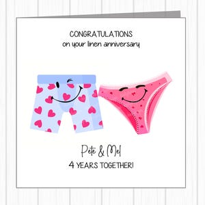 Tarjeta personalizada para el cuarto aniversario de bodas: ropa interior de lino: ¡un par de pantalones encantadores!