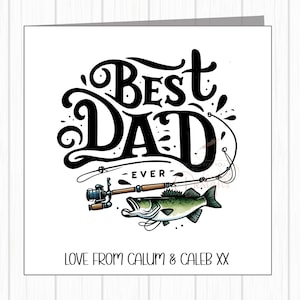 Carte d'anniversaire personnalisée PAPA - Thème de la pêche - Meilleur papa de tous les temps - Avec le nom de l'enfant « L'amour de » en bas