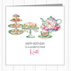 Tarjeta de cumpleaños personalizada - Té de la tarde floral - Tetera - Taza de té - Amiga, Hermana, Abuela, Mamá, Madrina, Nonna