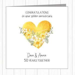 Carte personnalisée pour 50e anniversaire de mariage - Or - Coeur doré avec fleurs