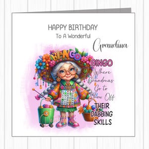 Tarjeta de cumpleaños de bingo personalizada: mujer mayor glamorosa, habilidades de dabbing de abuela, amiga, abuela, nonna, abuela