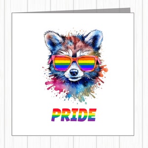 Carte LGBTQ+ Gay Pride - Raton laveur dans des lunettes de soleil arc-en-ciel - Carte de l'amitié