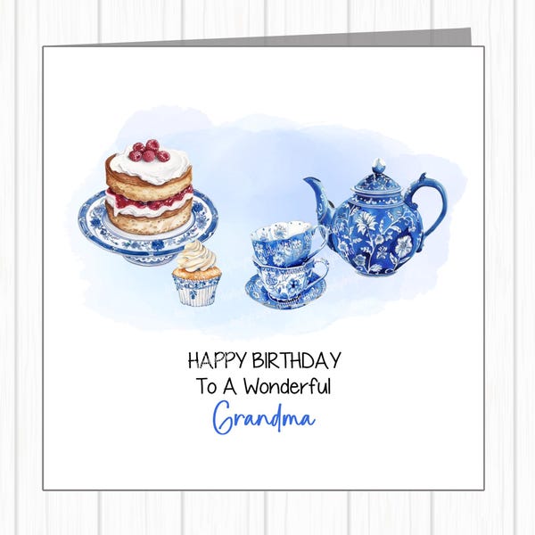 Personalised Birthday Card - Blue Willow Afternoon Tea - Teapot - Tea & Cake - Friend, Sister, Gran, Mum, Godmother, Nonna