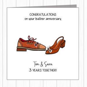 Gepersonaliseerde kaart 3e huwelijksverjaardag - leer - paar verliefde schoenen!