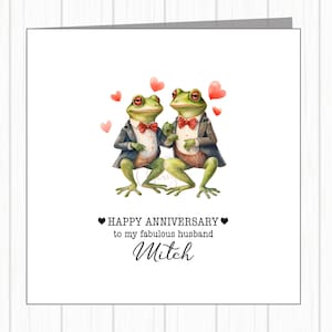 Tarjeta de aniversario gay LGBTQ+: pareja de ranas elegantes de hombres: esposo y novio