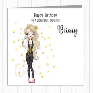Biglietto di auguri di compleanno personalizzato per lei - Principessa glamour con champagne - Figlia, nipote, nipote, figlioccia, sorella, amica