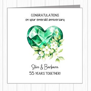 Biglietto personalizzato per il 55° anniversario di matrimonio - Smeraldo - Cuore di gemma con fiori