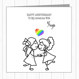 LGBTQ+ Gay Pride Anniversary Card - Rainbow Heart - Kissing Lesbian Couple - Wife Fiancée Girlfriend
