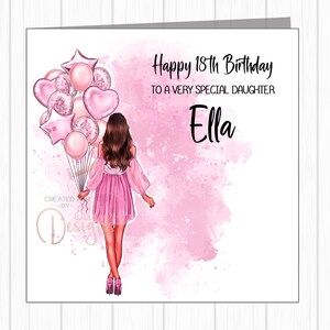 Biglietto di auguri di compleanno personalizzato per lei - Ragazza glamour con bouquet di palloncini rosa - Figlia, Nipote, Nipote, Figlioccia, Sorella, Amica