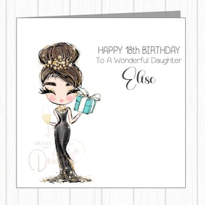Biglietto di auguri di compleanno personalizzato per lei - Ragazza glamour con champagne e regalo Tiffany - Figlia, nipote, figlioccia, sorella, amica