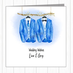 Carte de mariage homosexuel LGBTQ+ Gay Pride - Deux mariés - Costumes de mariage bleu