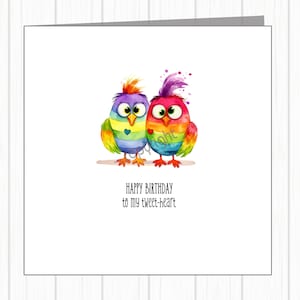 Carte d'anniversaire arc-en-ciel LGBTQ+ Gay Pride - couple d'oiseaux funky - coeur tweet - mari, femme, etc.