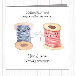 Carte personnalisée pour 2e anniversaire de mariage - Coton - Bobines - Bobines tenant le fil dans la main