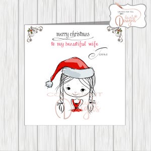 Biglietto di Natale personalizzato - Ragazza super carina con cappello da Babbo Natale - Moglie, fidanzata, promessa sposa ecc.