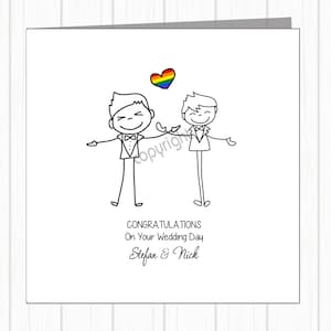 LGBTQ+ Gay Pride Same Sex Regenbogen Hochzeitskarte - Lächelnde glückliche Bräutigame