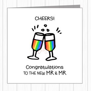 Tarjeta de boda del orgullo gay LGBTQ+: copas de champán de arcoíris: felicitaciones al nuevo Sr. y Sra.