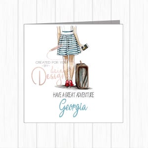 Biglietto di auguri personalizzato "Bon Voyage" per lei - Tacchi glamour e valigia - Figlia, Nipote, Nipote, Figlioccia, Sorella, Amica