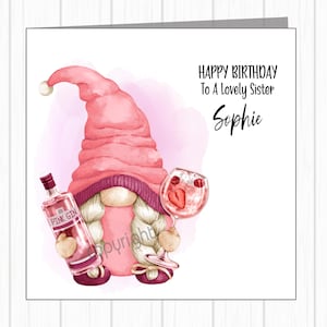 Biglietto di compleanno personalizzato - Gnomo carino che beve gin rosa - figlia, nipote, sorella, amica, zia