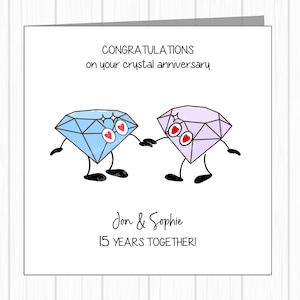 Tarjeta personalizada para el 15.º aniversario de bodas: cristal: ¡un par de gemas enamoradas!