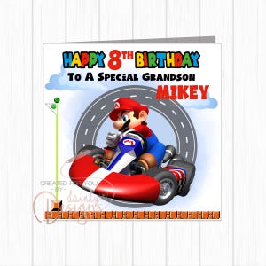 Gepersonaliseerde verjaardagskaart - Super Mario Kart - voor hem, voor haar, elke leeftijd - zoon, kleinzoon, petekind, neef, broer, dochter, kleindochter
