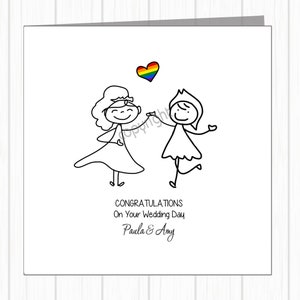 Cartão de casamento LGBTQ+ Orgulho Gay Lésbicas do mesmo sexo com coração arco-íris - Noivas felizes sorridentes