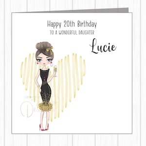 Biglietto di auguri di compleanno personalizzato per lei - Ragazza glamour con champagne - Figlia, nipote, nipote, figlioccia, sorella, amica