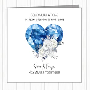 Tarjeta personalizada para el 45.º aniversario de bodas: zafiro, corazón de gemas con flores