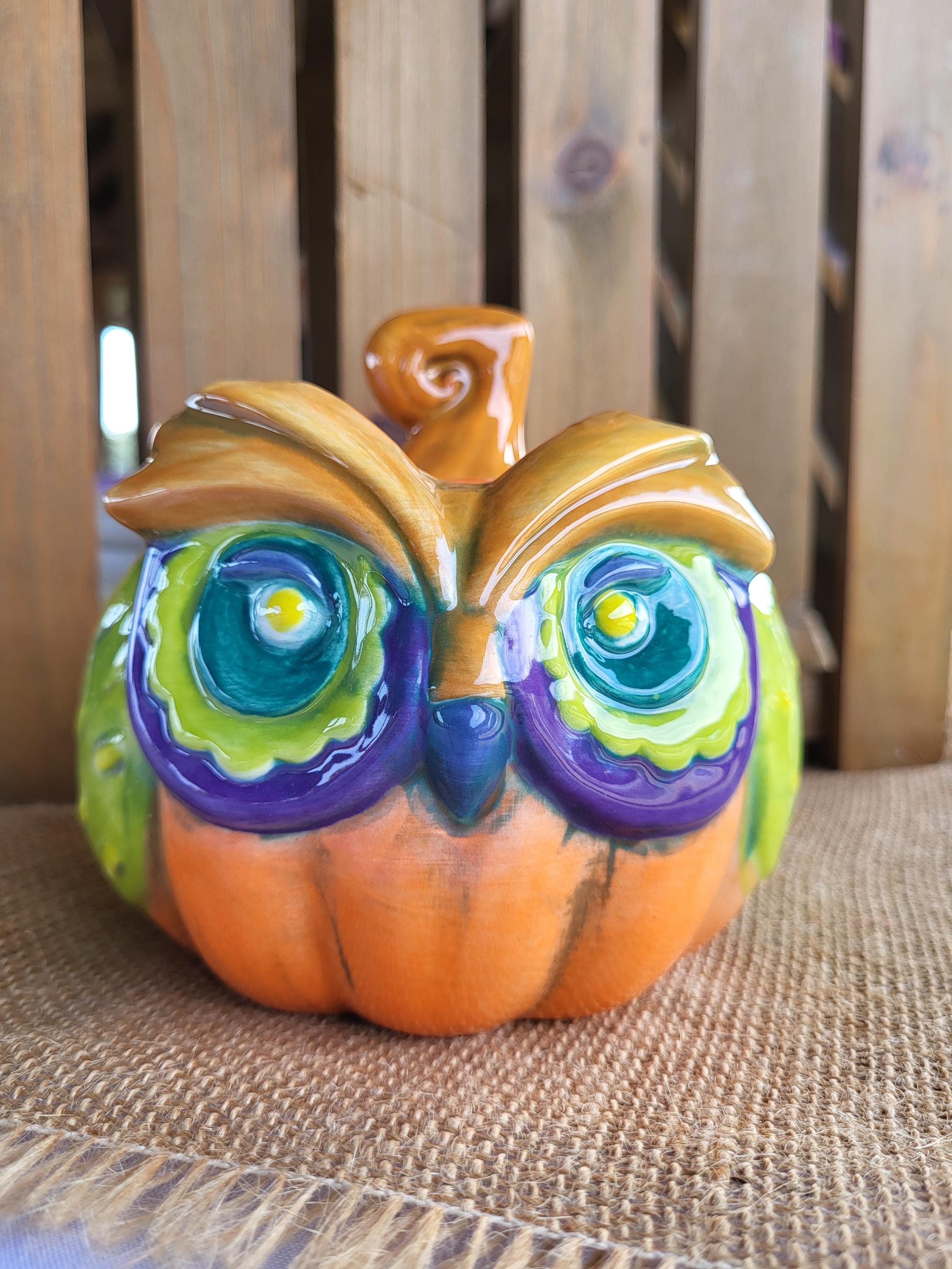 Hand Painted Ceramic Owl Pumpkin Box - Perfect for Fall!