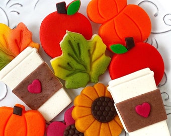 Autumn and Fall Marzipan Candy Tiles!  Thanksgiving Place Settings and Hostess Gift! Pumpkins, Latte Cups, Maple Leaves and more!