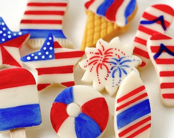 July 4th Beach Party Marzipan Candy Tiles! Celebrate Independence Day w/red, white & blue delicious style! Flags, Stars, Fireworks and more!