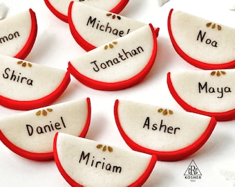 Rosh Hashanah Personalized Apple Slice Place Cards!  Custom Jewish New Year Marzipan! Shana Tova Dinner Hostess Gift! Certified Kosher!
