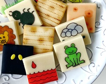 Ten Plagues Passover Marzipan Tiles for Pesach Seder - a fun Passover hostess gift and kids Seder gift!  Includes bonus Matzah!
