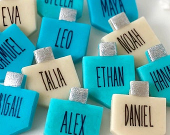 Hanukkah Personalized Dreidels! Happy Hanukkah Marzipan Tiles Cookies! Sweet and Delicious! Great Hostess Gift! Certified Kosher!