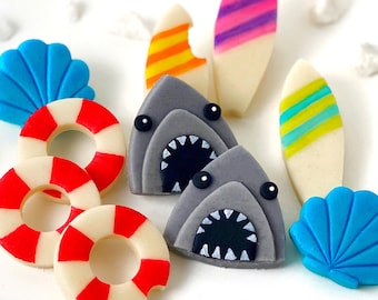 Shark Week and Beach Party Marzipan Candy Tiles!  Sharks, Seashells, Surfboards and Buoys!  Celebrate a Beach Party Birthday!